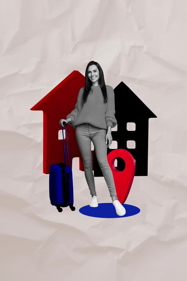 Collage: Reisende mit Koffer vor Haus-Symbolen und Standort-Pin